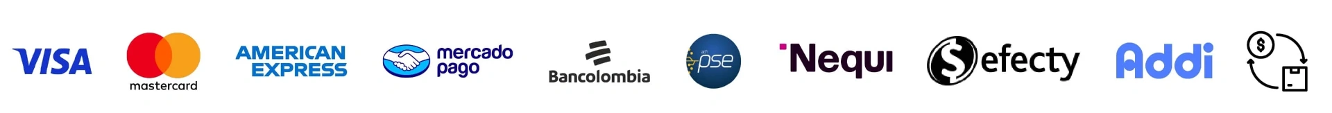 Métodos de pago disponibles: Visa, Mastercard, American Express, Mercado Pago, Bancolombia, PSE, Nequi, Efecty, Addi y pago contra entrega